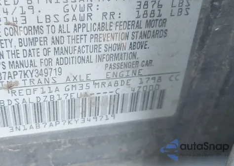 2019 Nissan Sentra Sv from USA, damaged, VIN 3N1AB7AP7KY349719